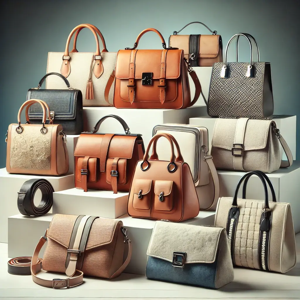 DALL·E 2024-10-12 19.27.55 - A realistic image of a collection of different types of stylish handbags displayed on a modern background. The handbags should showcase current fashio (1)